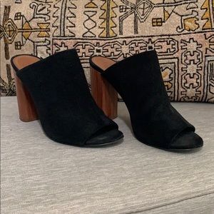 Tory Burch Black Suede Open-Toe Mule Heels with Brown Block Heel
